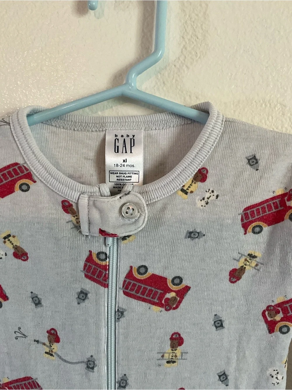 Vintage GAP Blue Gray Footed One-Piece Pajamas with Red Fire Trucks 18-24